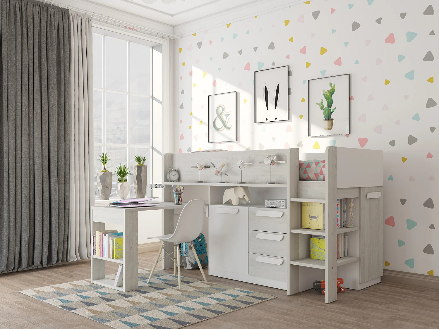 Combinatiebed - 90 x 200 cm - Met bureau en opbergruimte - Wit en houtlook - LOUKALA
