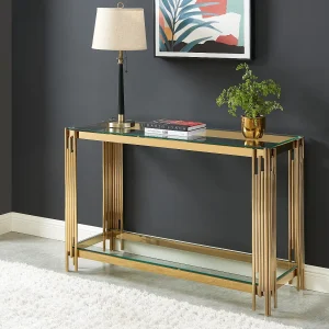 Consoletafel van gehard glas en roestvrij staal – Goudkleurig – NOMELANO Consoletafel van gehard glas en roestvrij staal – Goudkleurig – NOMELANO