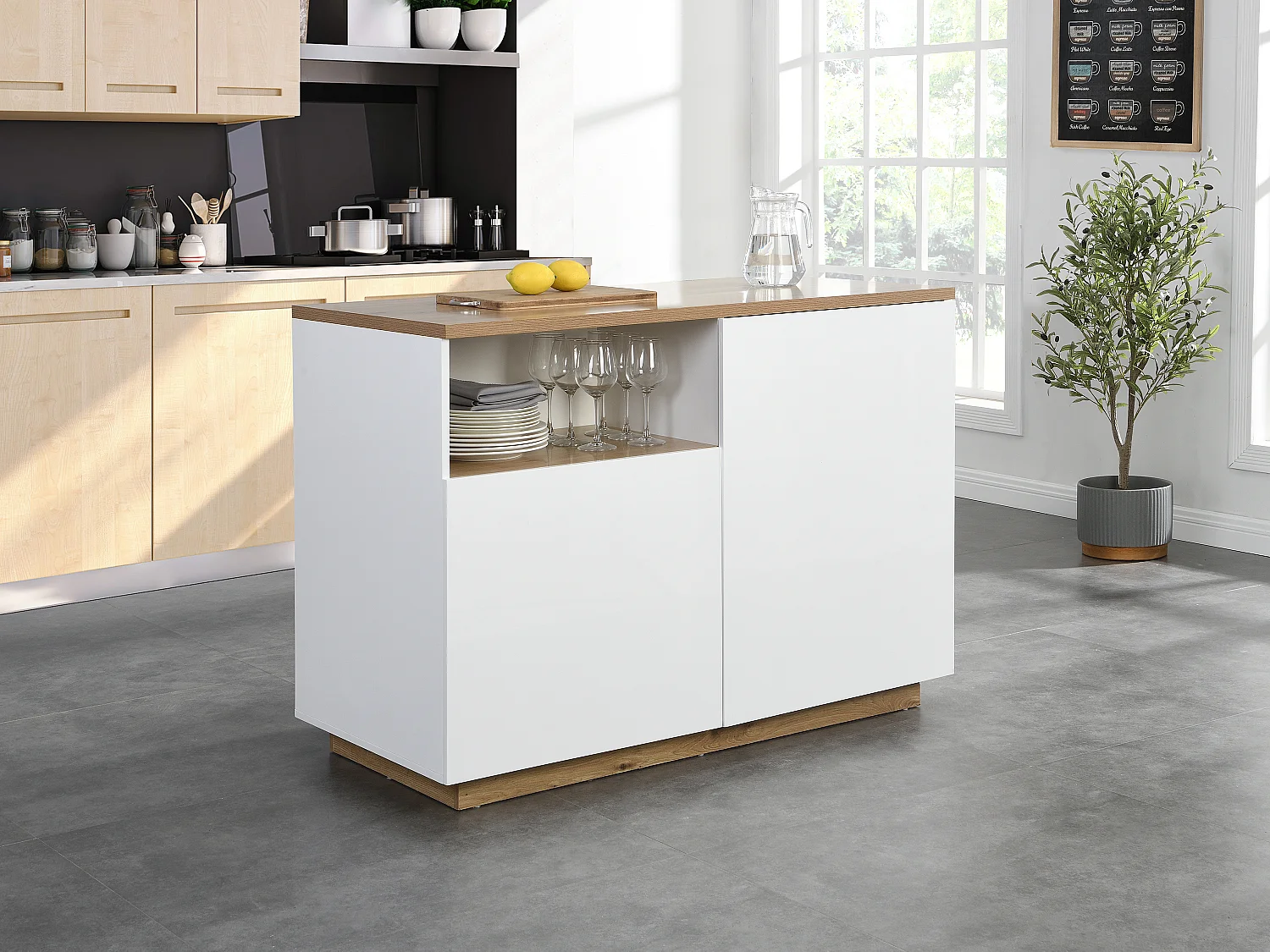 Centraal keukeneiland met 2 deuren en 1 nis van mdf - Naturel en wit - CORELINA