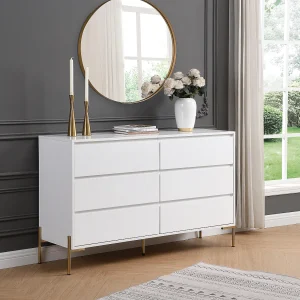 Ladekast met 6 lades van wit gelakt en goudkleurig mdf en metaal – KORASA Ladekast met 6 lades van wit gelakt en goudkleurig mdf en metaal – KORASA