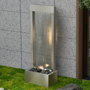 Buitenfontein van roestvrij staal en glas met ledverlichting – H108 cm – Zilverkleurig – PANGA Buitenfontein van roestvrij staal en glas met ledverlichting – H108 cm – Zilverkleurig – PANGA