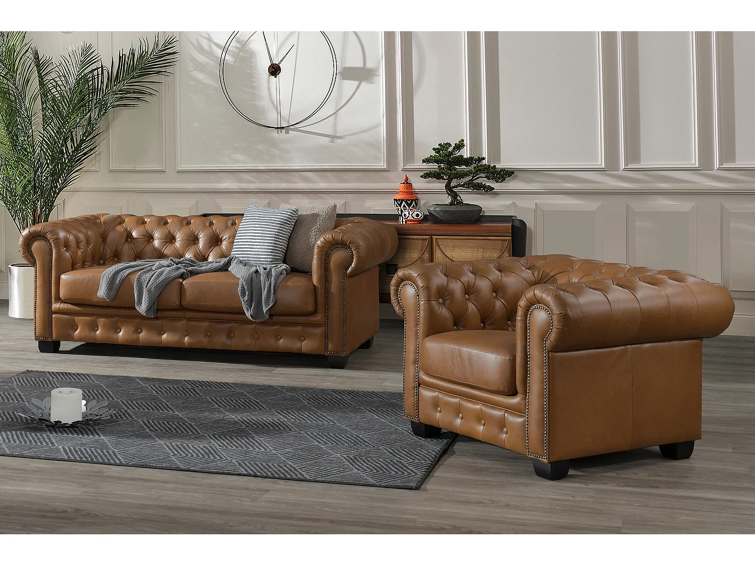 Chesterfield zitbank 3 + 1 plaatsen BRENTON 100% buffelleer - Vintage caramel - Koop nu