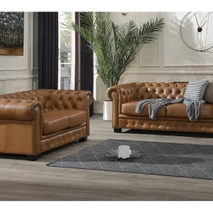 Chesterfield zitbank 3 + 2 plaatsen BRENTON 100% buffelleer – Vintage caramel – Koop nu