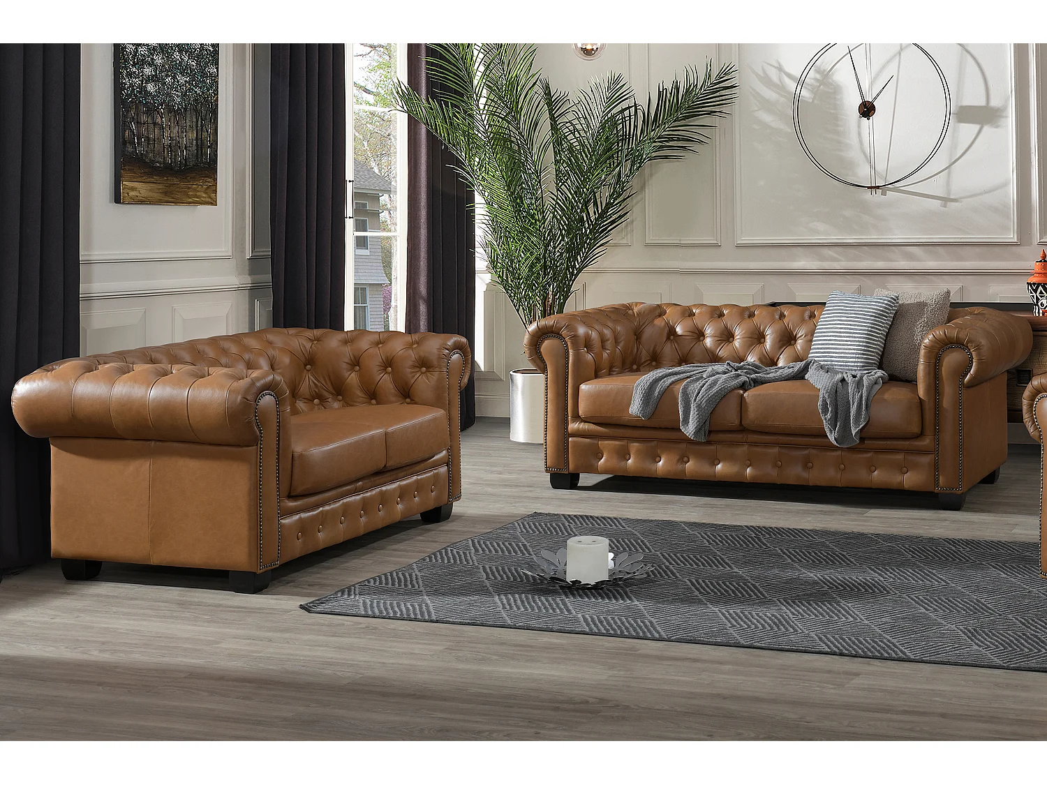 Chesterfield zitbank 3 + 2 plaatsen BRENTON 100% buffelleer - Vintage caramel - Koop nu
