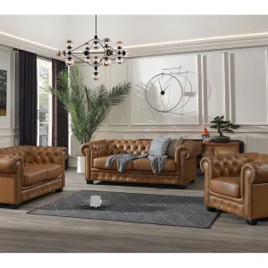 Chesterfield zitbank 3 + 2 + 1 plaatsen BRENTON 100% buffelleer – Vintage caramel
