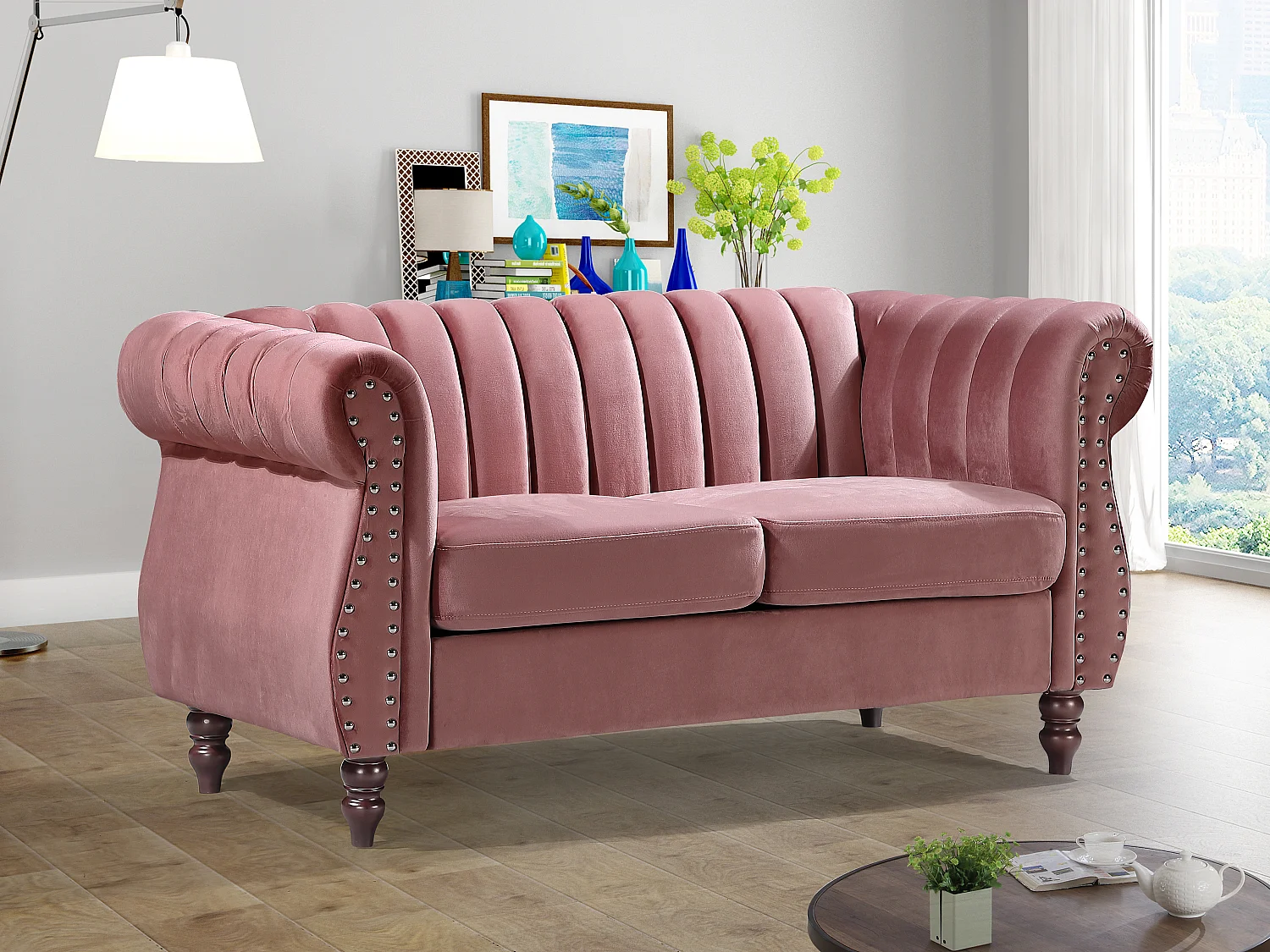 Tweezits-Chesterfield-bank van oudroze velours TRUMBO