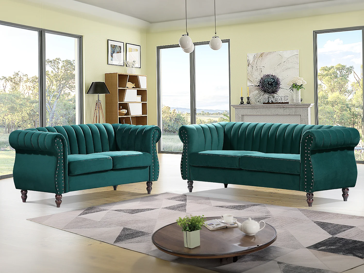 Tweezits- en driezits-Chesterfield-banken van smaragdgroen velours TRUMBO