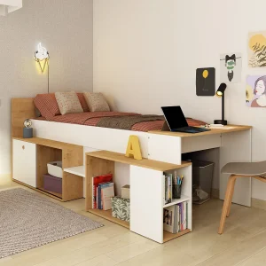 Hoogslaper 90 x 200 cm met bureau en opbergruimte, wit en naturel + bedbodem – PALOMA Hoogslaper 90 x 200 cm met bureau en opbergruimte, wit en naturel + bedbodem – PALOMA