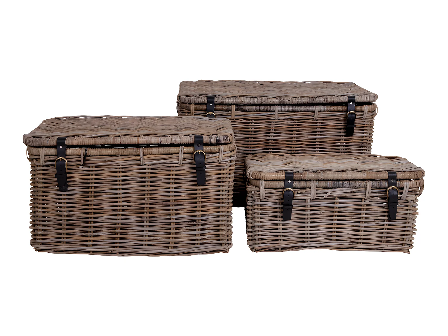 Demsy opbergdozen 3 stk. in kubu grijs met leren hengsels.