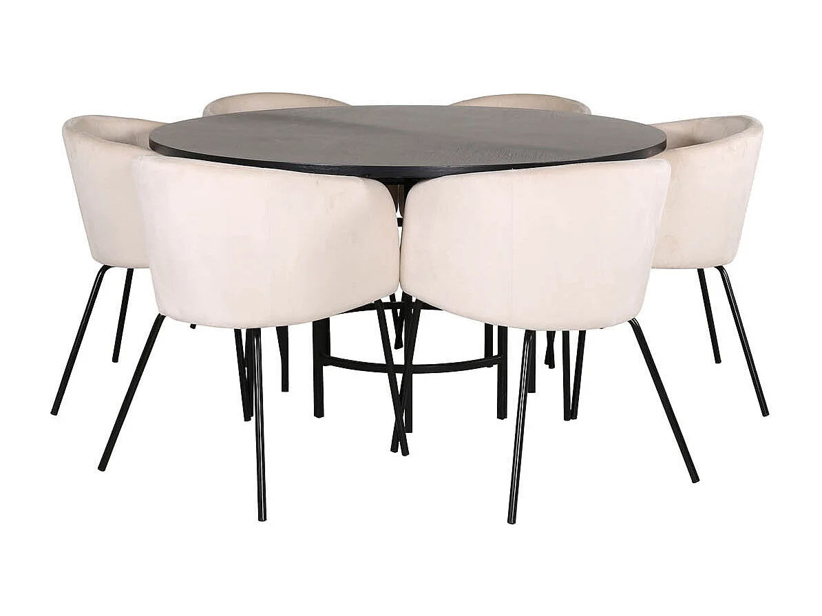 Copenhagen eethoek eetkamertafel bruin en 6 Berit eetkamerstal velours beige.