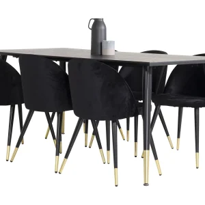 Dipp180x90BLBR eethoek eetkamertafel zwart en 6 Velvet eetkamerstal velours zwart, messing decor. Dipp180x90BLBR eethoek eetkamertafel zwart en 6 Velvet eetkamerstal velours zwart, messing decor.