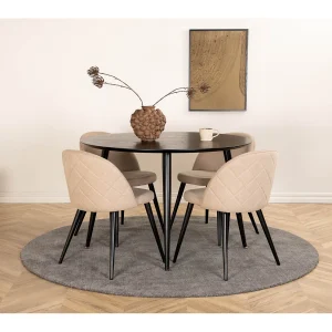 DippØ115BLBL eethoek eetkamertafel zwart en 4 Velvet Stitches eetkamerstal beige. DippØ115BLBL eethoek eetkamertafel zwart en 4 Velvet Stitches eetkamerstal beige.
