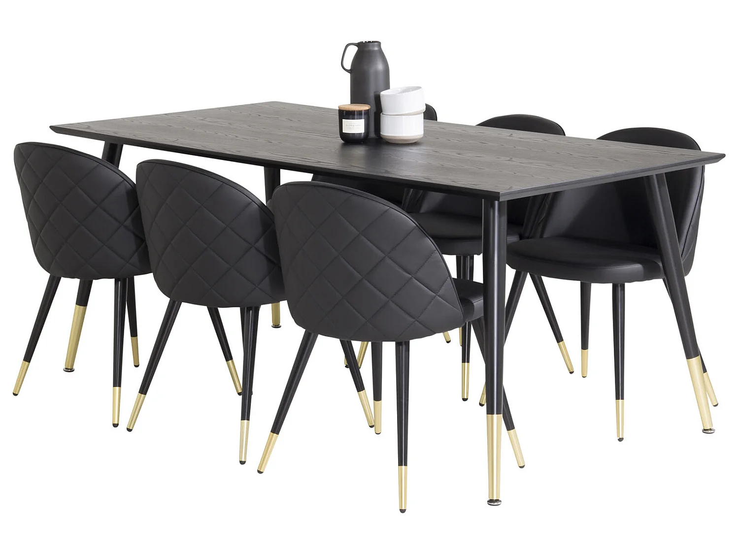 Dipp180x90BLBR eethoek eetkamertafel zwart en 6 Velvet eetkamerstal PU kunstleer zwart.