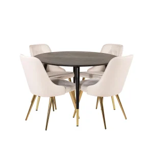 DippØ115BLBR eethoek eetkamertafel zwart en 4 Velvet Deluxe eetkamerstal velours beige, messing decor. DippØ115BLBR eethoek eetkamertafel zwart en 4 Velvet Deluxe eetkamerstal velours beige, messing decor.