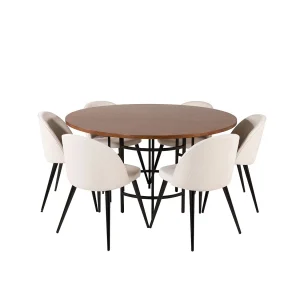 Copenhagen eethoek eetkamertafel bruin en 6 Velvet eetkamerstal fluweel beige, zwart.