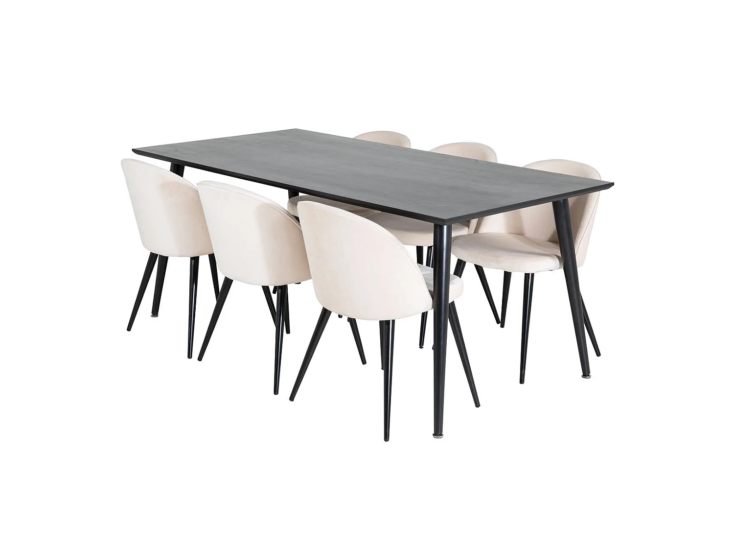 Dipp180x90BLBL eethoek eetkamertafel zwart en 6 Velvet eetkamerstal velours beige, zwart.