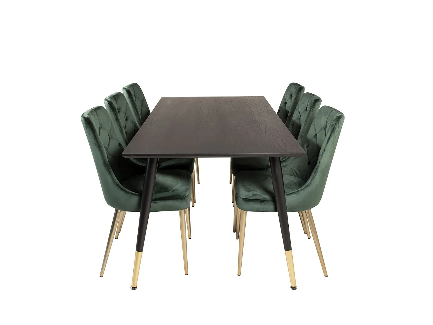 Dipp180x90BLBR eethoek eetkamertafel zwart en 6 Velvet Deluxe eetkamerstal velours groente, messing decor.