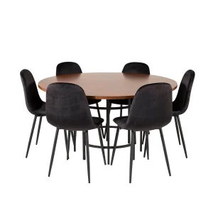 Copenhagen eethoek eetkamertafel bruin en 6 Polar eetkamerstal velours zwart.