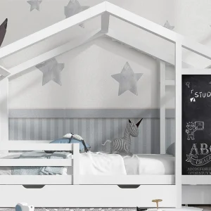 Cabinebed 90x200cm – massief hout – met schoolbord en 2 lades – Wit