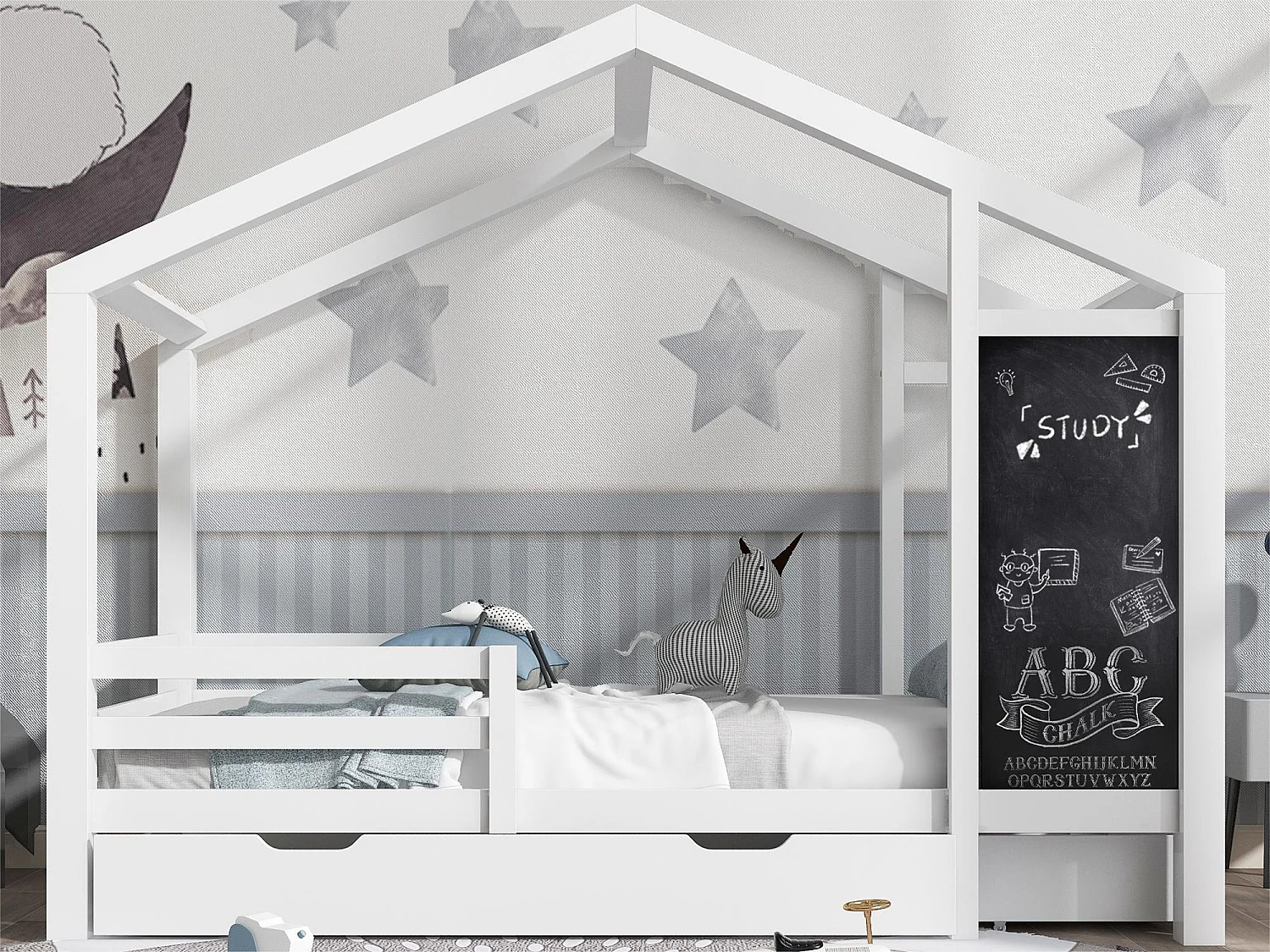 Cabinebed 90x200cm - massief hout - met schoolbord en 2 lades - Wit