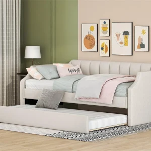 Cama nido de tejido de lino con somier de láminas – 90x200cm – Beige