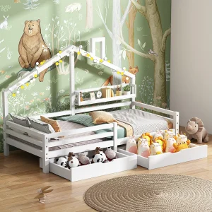 Kajuitbed 90 x 200 cm met 2 lades en opbergplank, lattenbodem, wit Kajuitbed 90 x 200 cm met 2 lades en opbergplank, lattenbodem, wit