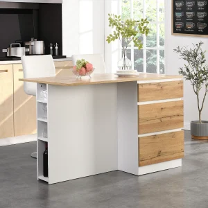 Centraal keukeneiland met 6 lades en 4 nissen van mdf – Naturel en wit – POMARELA