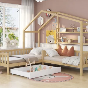 Cabinebed 90x200cm + 140x70cm in massief hout – met laden en planken + lattenbodem – Naturel