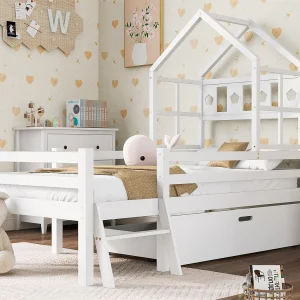 Cabinebed 90x200cm – massief hout – met ladder + lades + valbeveiliging – Wit
