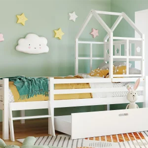 Cabinebed 90 x 200 cm met ladder en lades – massief hout – wit Cabinebed 90 x 200 cm met ladder en lades – massief hout – wit