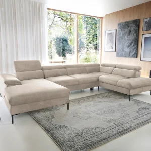 XXL hoekslaapbank met hoek links van beige velours SEPINA van Pascal Morabito XXL hoekslaapbank met hoek links van beige velours SEPINA van Pascal Morabito