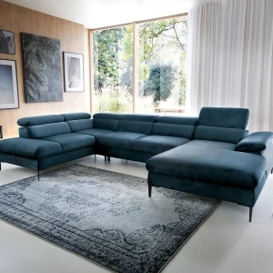 XXL hoekslaapbank met hoek rechts van nachtblauw velours SEPINA van Pascal Morabito XXL hoekslaapbank met hoek rechts van nachtblauw velours SEPINA van Pascal Morabito