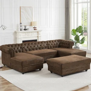 Brede hoekbank en poef van microvezel met verouderd leereffect CHESTERFIELD Brede hoekbank en poef van microvezel met verouderd leereffect CHESTERFIELD