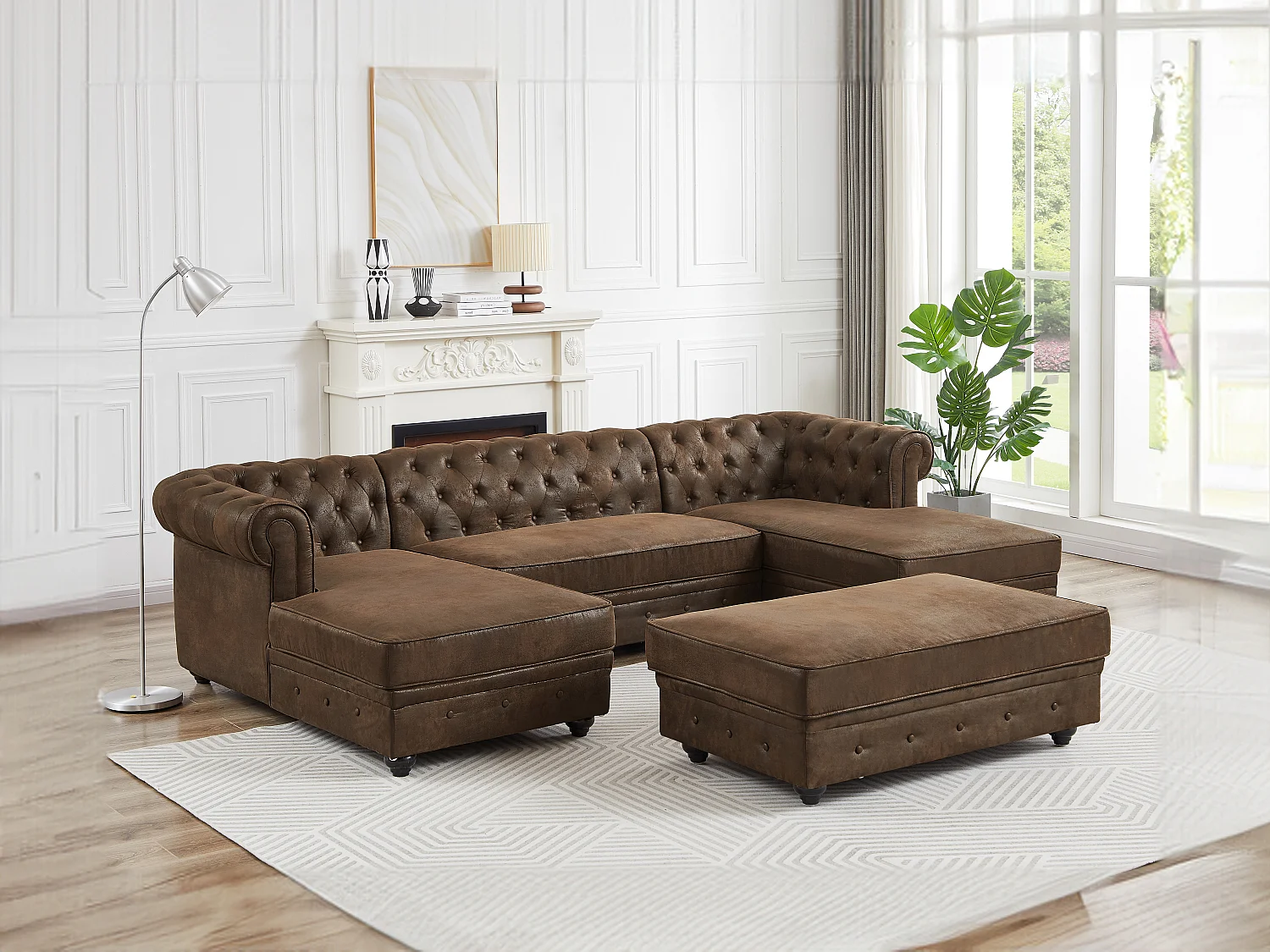 Brede hoekbank en poef van microvezel met verouderd leereffect CHESTERFIELD