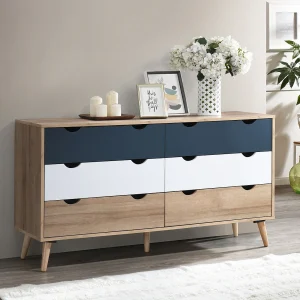 Commode met 6 lades, naturel, wit en marineblauw – LURVIA