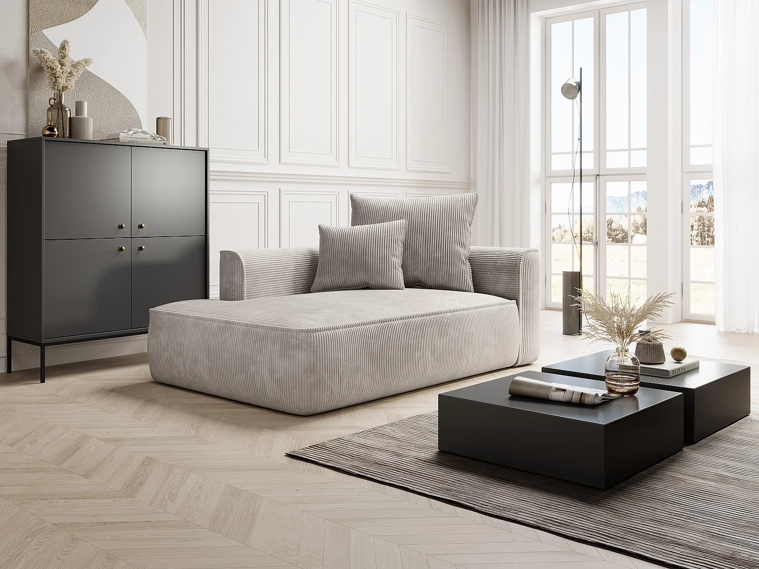 Chaise longue met hoek rechts van beige ribfluweel, design PINETA