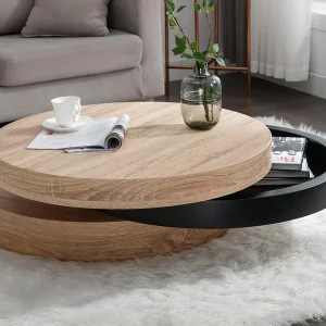 Draaibare ronde salontafel met 1 nis van mdf – Zwart en licht naturel – JANITA Draaibare ronde salontafel met 1 nis van mdf – Zwart en licht naturel – JANITA