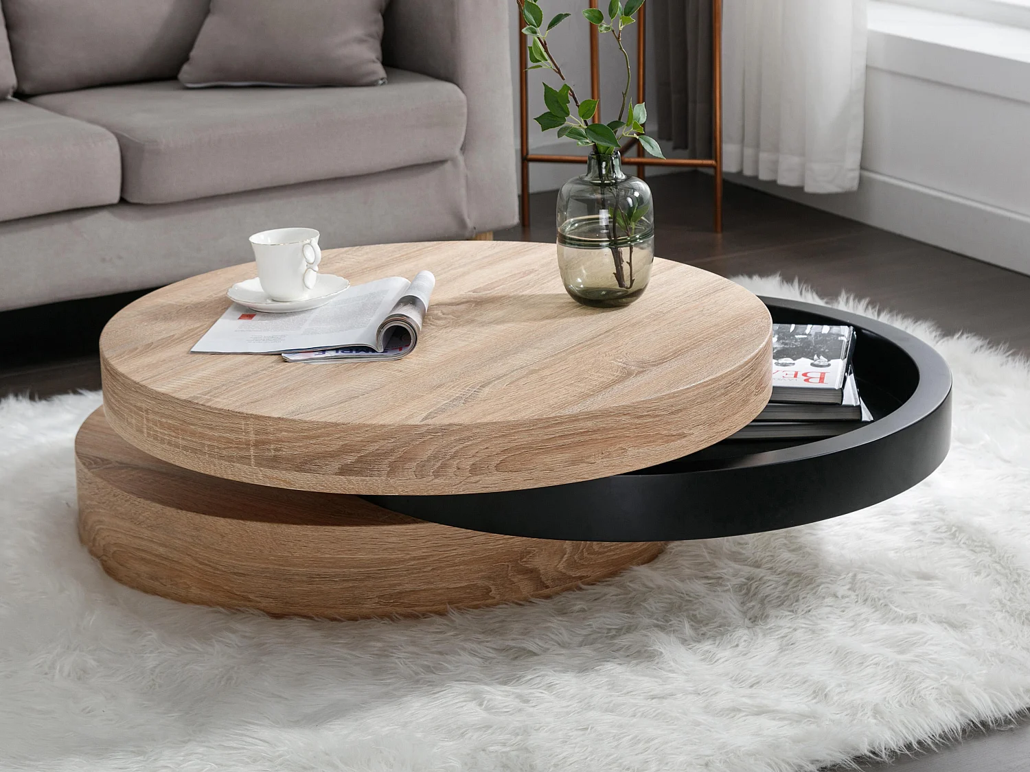 Draaibare ronde salontafel met 1 nis van mdf - Zwart en licht naturel - JANITA