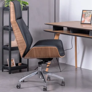 Bureaustoel met notenhout en bekleed met Italiaans leer Nordic H – Zwart