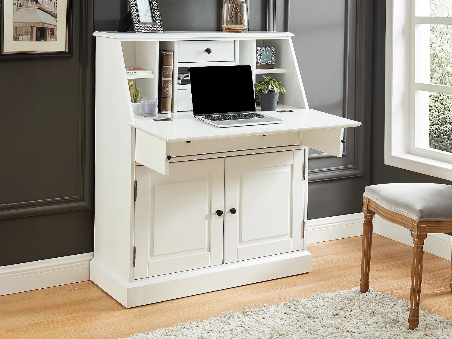 Secrétaire CLEORE - Style Charme - Pin & MDF - Blanc