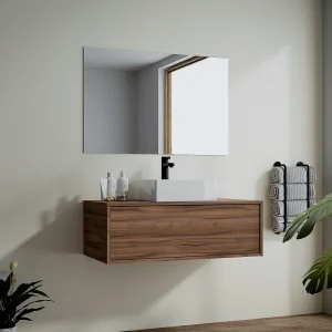 Hangend badkamermeubel met enkele wastafel, donker naturel, 94 cm, TEANA