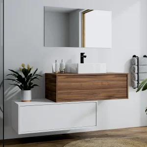 Hangend badkamermeubel met enkele wastafel, donker naturel en wit, 2 lades, TEANA