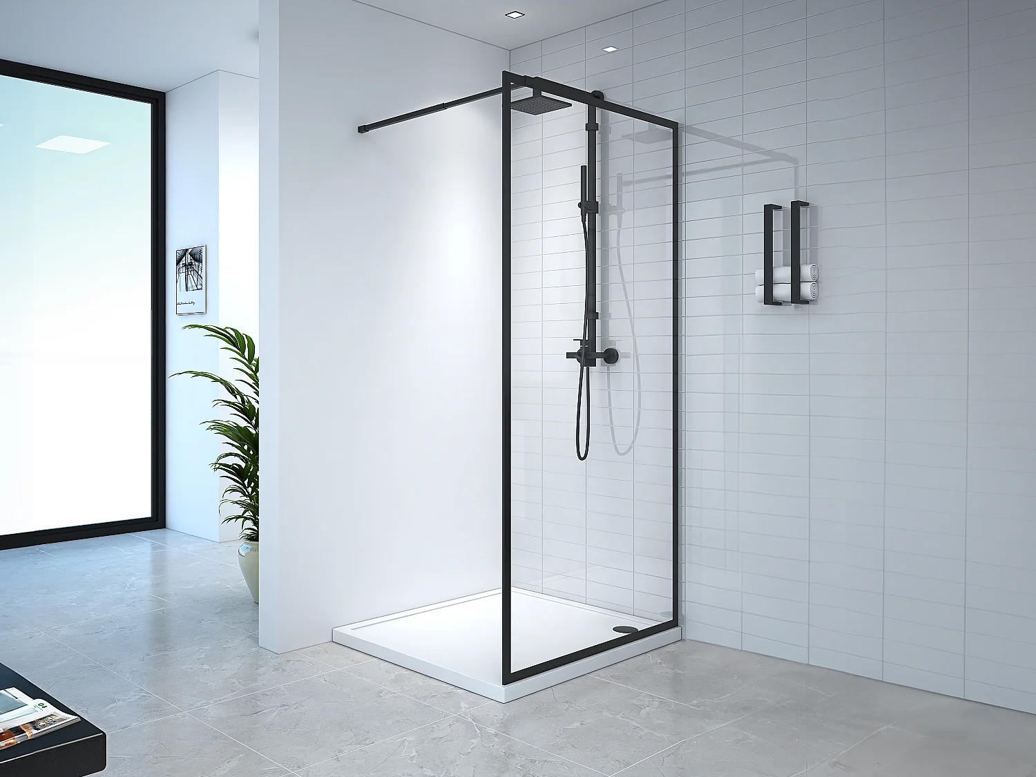 Douchewand voor inloopdouche – 100 x 200 cm – Matzwart – Gehard glas – AMBERI