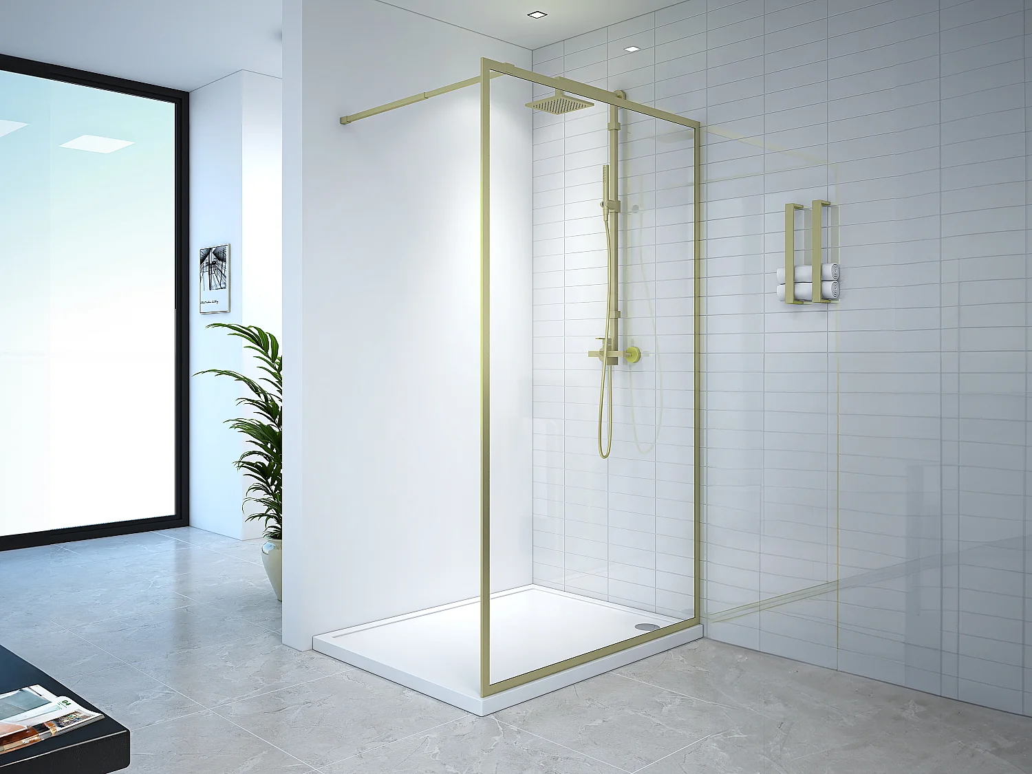 Douchewand voor inloopdouche – 120 x 200 x 92 cm – Goudkleurig – Glas – AMBERI