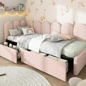Daybed bed met 2 lades – fluwelen stof – 90×190 cm – met lattenbodem – Roze Daybed bed met 2 lades – fluwelen stof – 90×190 cm – met lattenbodem – Roze