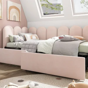 Daybed bed met 2 lades – fluwelen stof – 90×200 cm – met lattenbodem – Roze Daybed bed met 2 lades – fluwelen stof – 90×200 cm – met lattenbodem – Roze