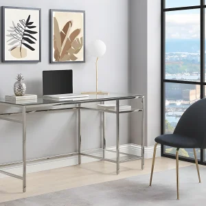 Bureau met 2 rekken – Gehard glas en staal – Zilverkleur – TIZIO – Koop nu online Bureau met 2 rekken – Gehard glas en staal – Zilverkleur – TIZIO – Koop nu online