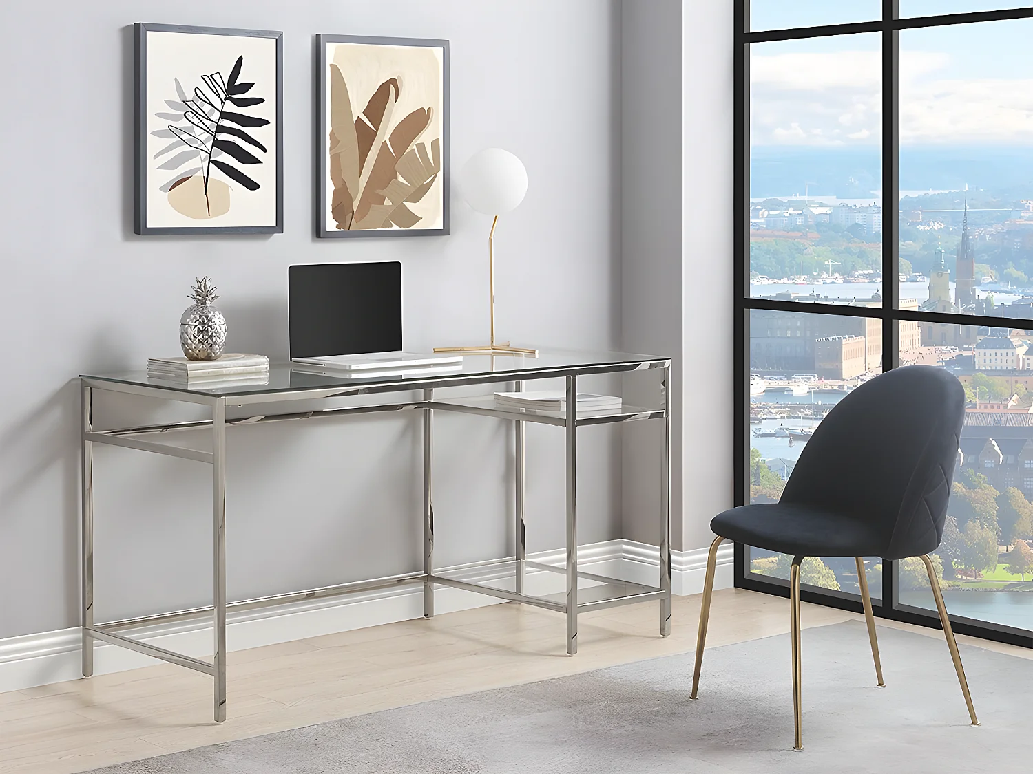 Bureau met 2 rekken - Gehard glas en staal - Zilverkleur - TIZIO - Koop nu online