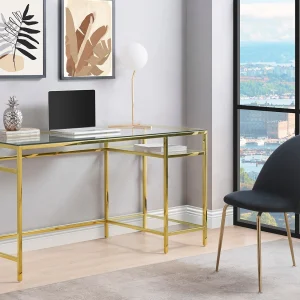 Bureau met 2 rekken – Gehard glas en staal – Goudkleurig – TIZIO – Koop nu online Bureau met 2 rekken – Gehard glas en staal – Goudkleurig – TIZIO – Koop nu online