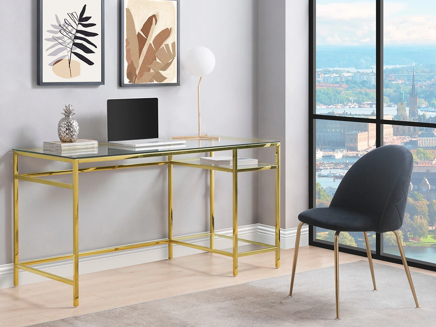 Bureau met 2 rekken - Gehard glas en staal - Goudkleurig - TIZIO - Koop nu online